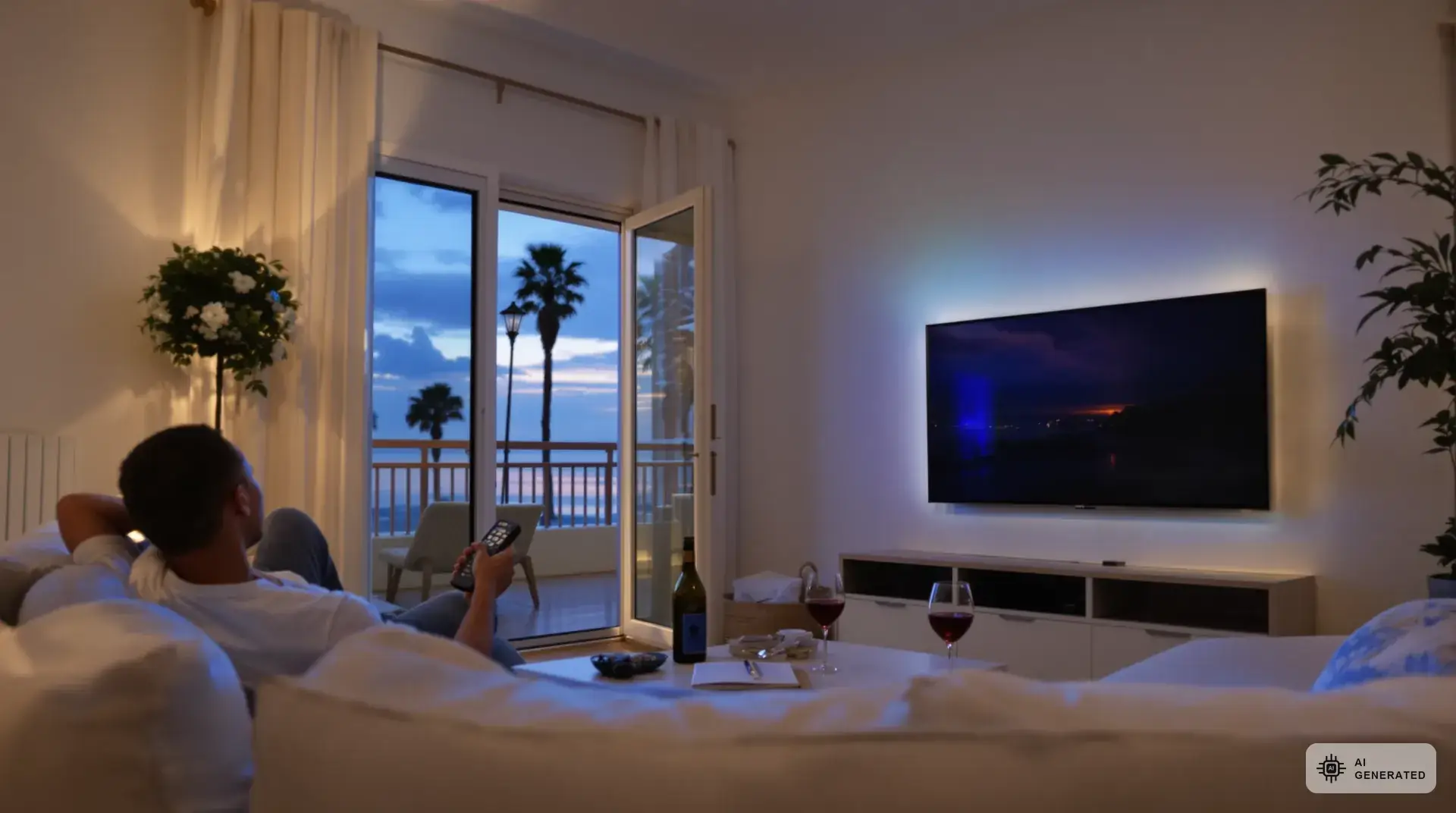 Deutsches TV auf Zypern schauen - So geht's 2 Deutsches TV auf Zypern schauen - Smart TV im Wohnzimmer mit Meerblick