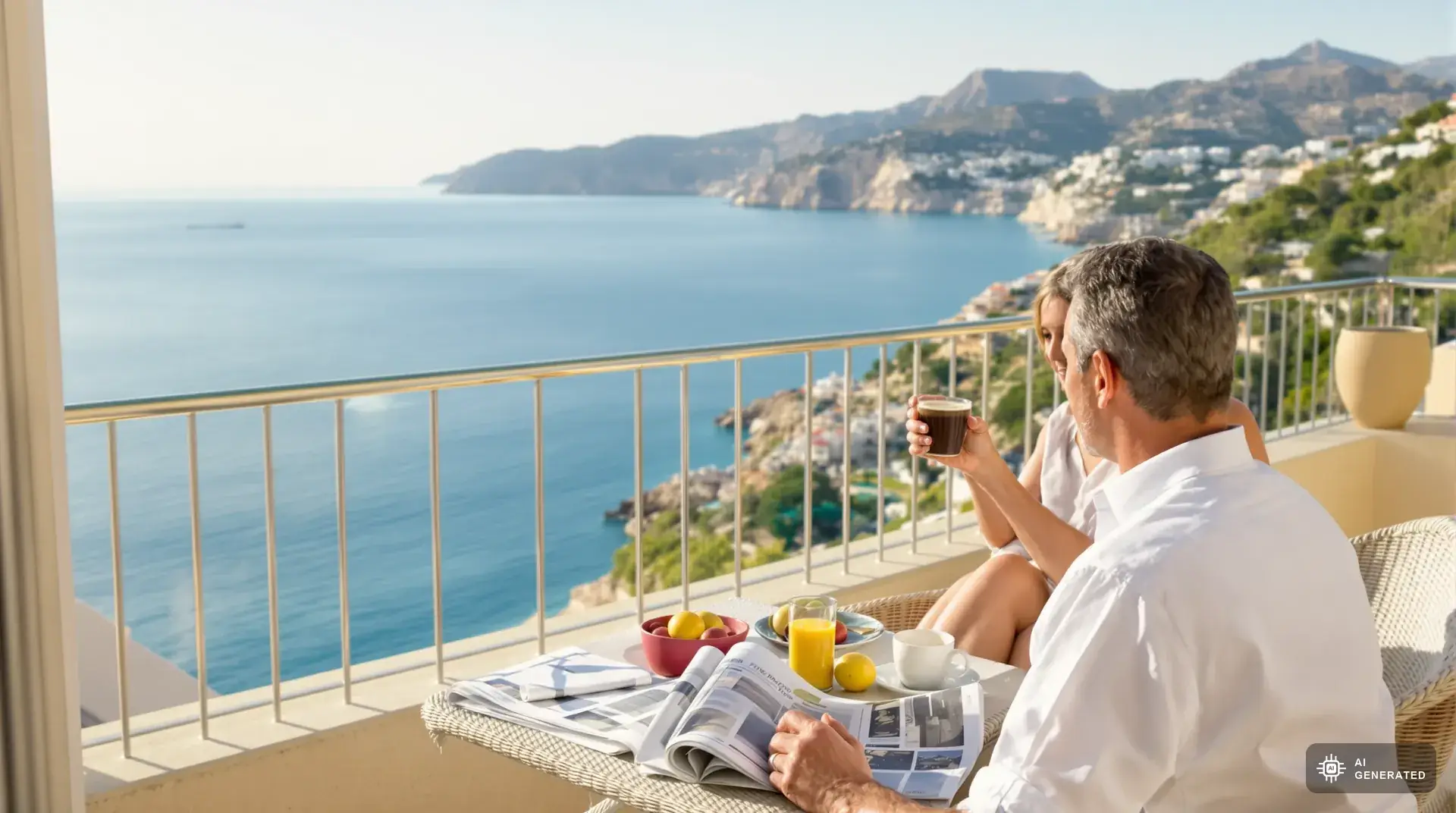 Lifestyle auf Zypern - Paar genießt Kaffee auf Villenterrasse mit Meerblick